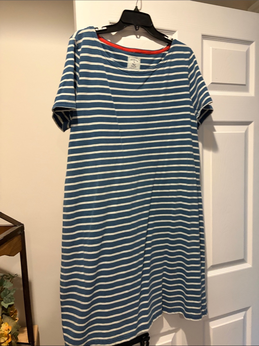 Joules Blue and White Striped Midi Dress with Red Trim